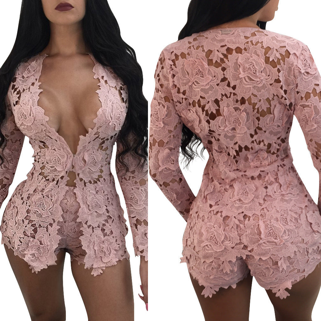 Lace Floral Long Sleeve Open O-Neck Blazer + Matching Mini Shorts Women's 2-Piece Suit