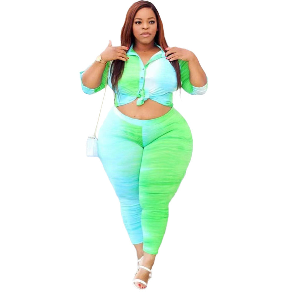 Neon Green/Baby Blue Colorblock Turn-Down Collar Blouse + Leggings 2-Piece Set to 5X Plus Size