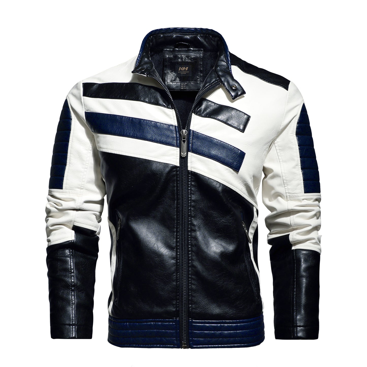 Men's PU Leather Diagonal Striped Colorblock Pattern Motorcycle Stand Collar Biker Bomber Jacket
