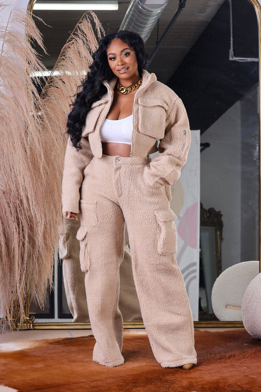 Fleece Women's Pocketed Zipper Jacket + Cargo Sweatpants Tracksuit