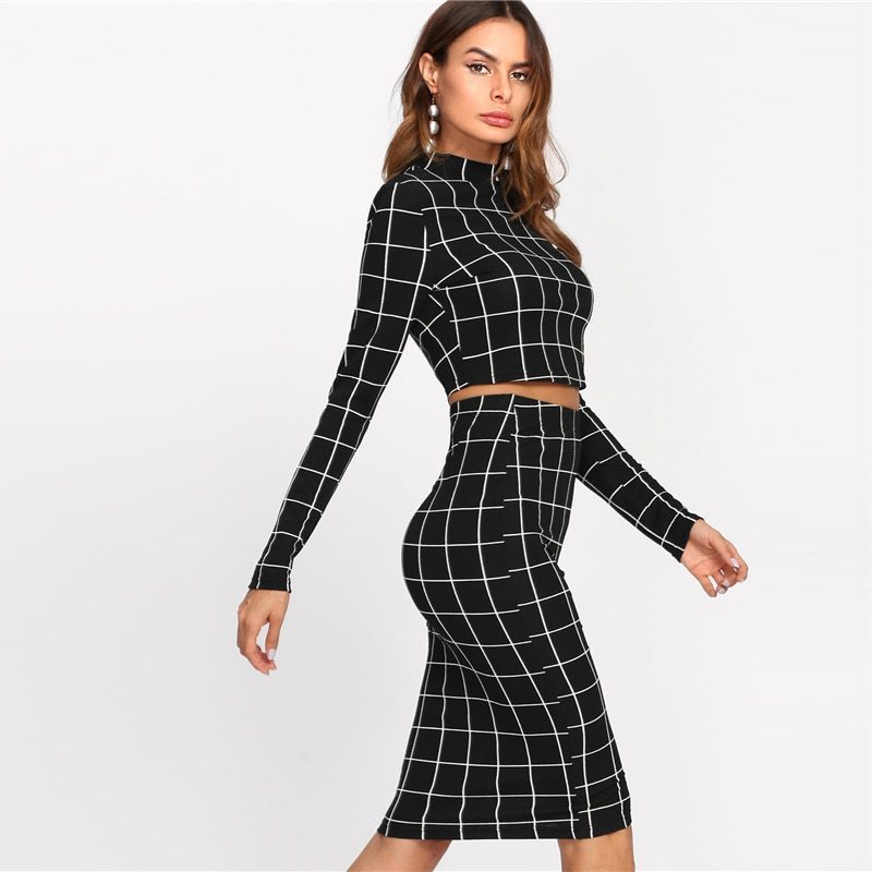 Black/White Checker Grid Pattern O-Neck Collar Long Sleeve Women’s Crop Top & Office Pencil Skirt 2-Piece Set