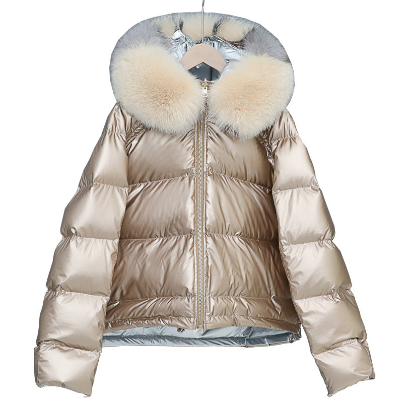 Winter Big Fur Collar Double-sided Wear Net Red Shiny Silver  Jacket Female Fox Fur Down Jacket