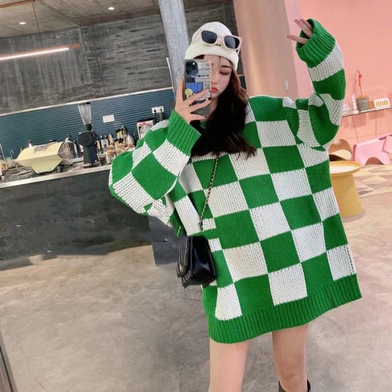 Checker Colorblock Print Women's Long Sleeve Oversized Sweater