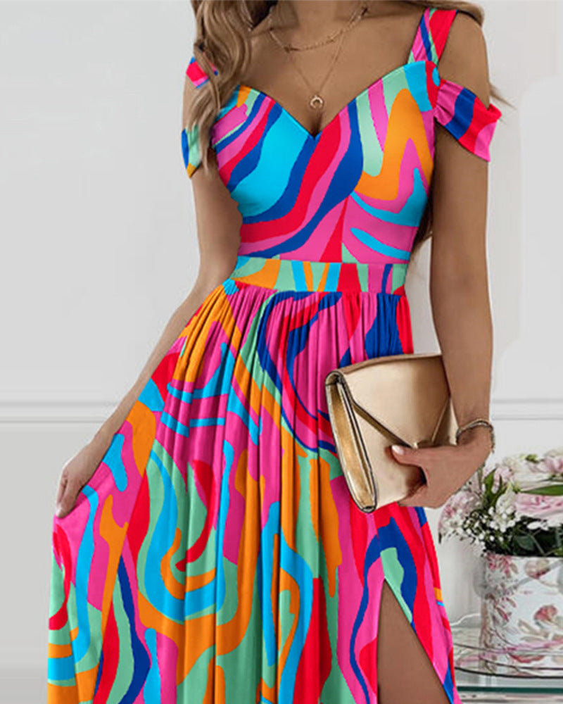 Hot Pink Rainbow Geometric Sleeveless Off-the-Shoulder High Slit Maxi Dress