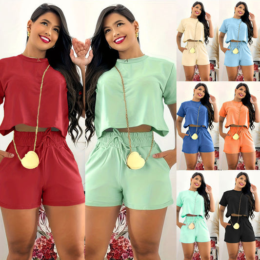 Casual Solid Color Midrift Short Sleeve Women's O-Neck T-Shirt + Elastic Waist Drawstring Shorts 2-Piece Set