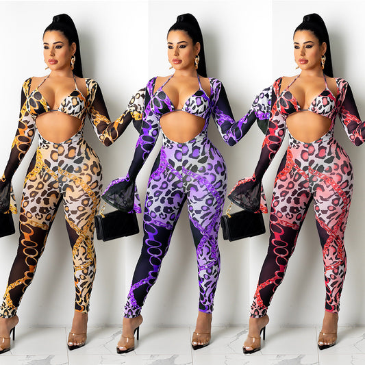 Mesh Transparent Hollow-Out Leopard Chain Print Bikini Long Sleeve Crop Top + Leggings Women's 2-Piece Set