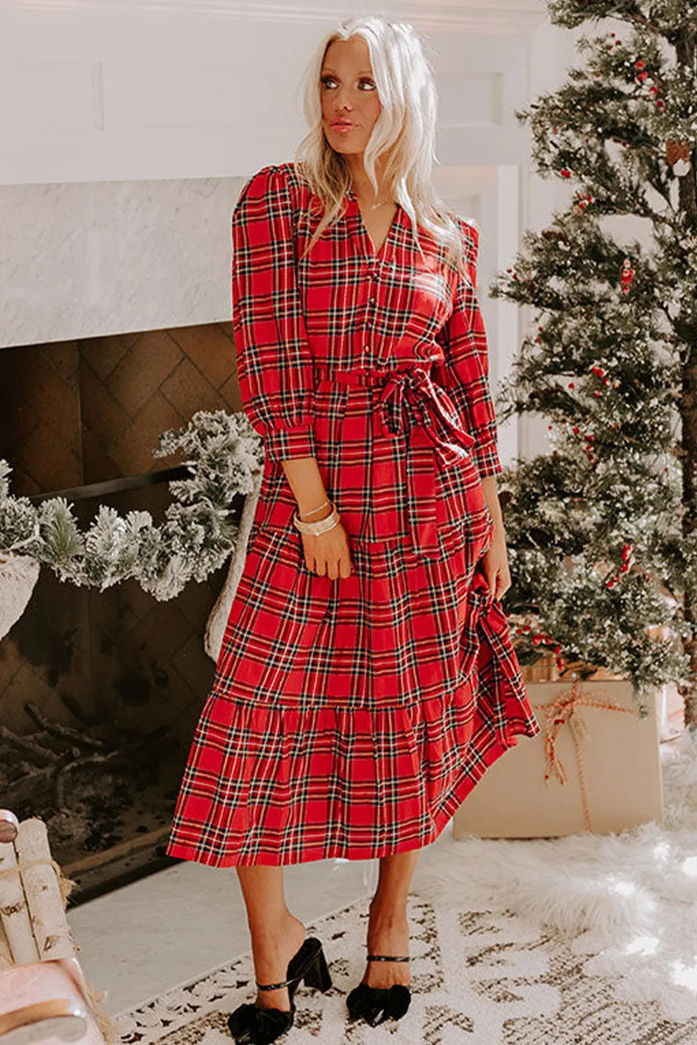 Red/Green Plaid Christmas Color Print Print Long Sleeve V-Neck Tiered Sash Belted Maxi Dress