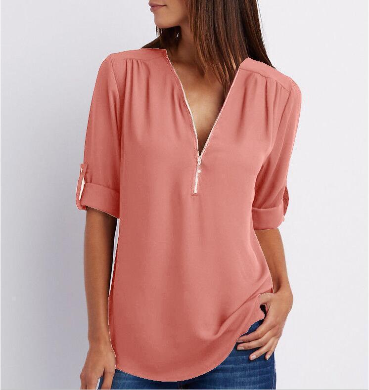 Solid Color V-Neck Short Sleeve Women's Zipper Shirt to 5X Plus Size