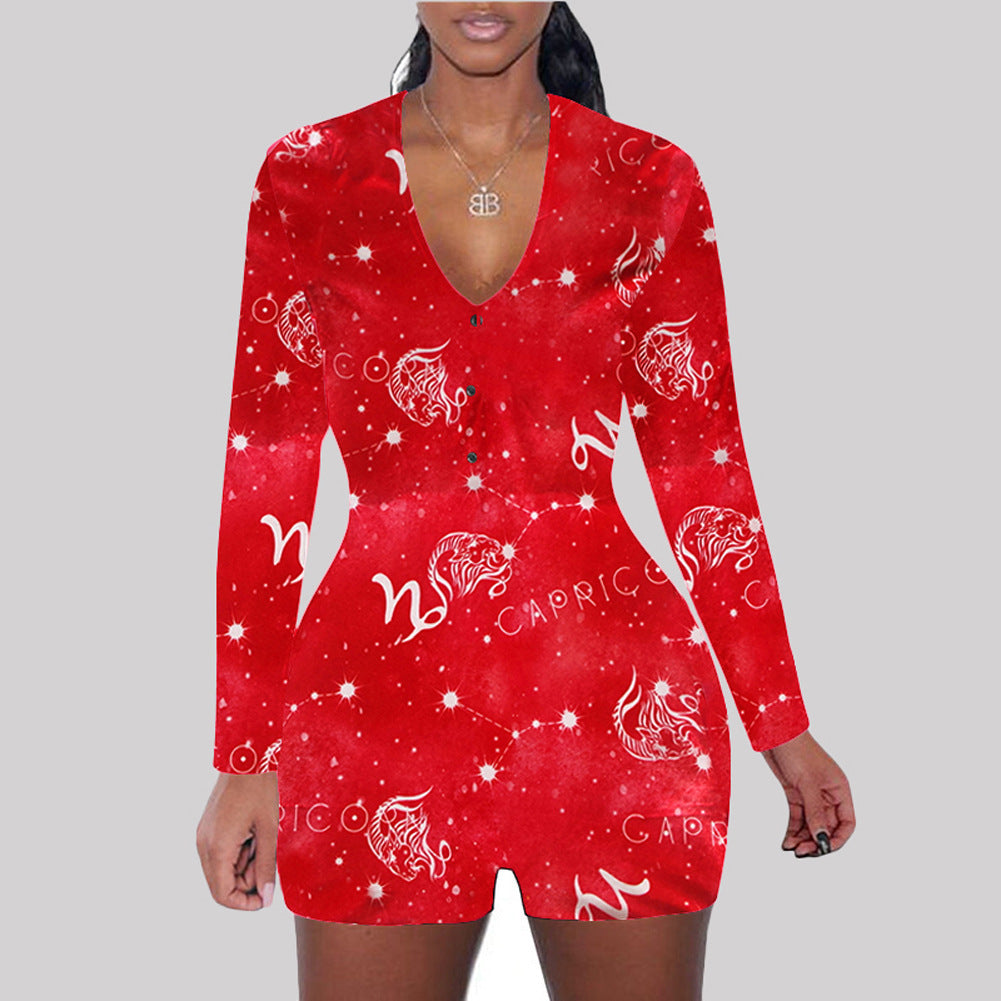 Astronomy Print Long Sleeve V-Neck Bodycon Women's One Piece Shorts Romper