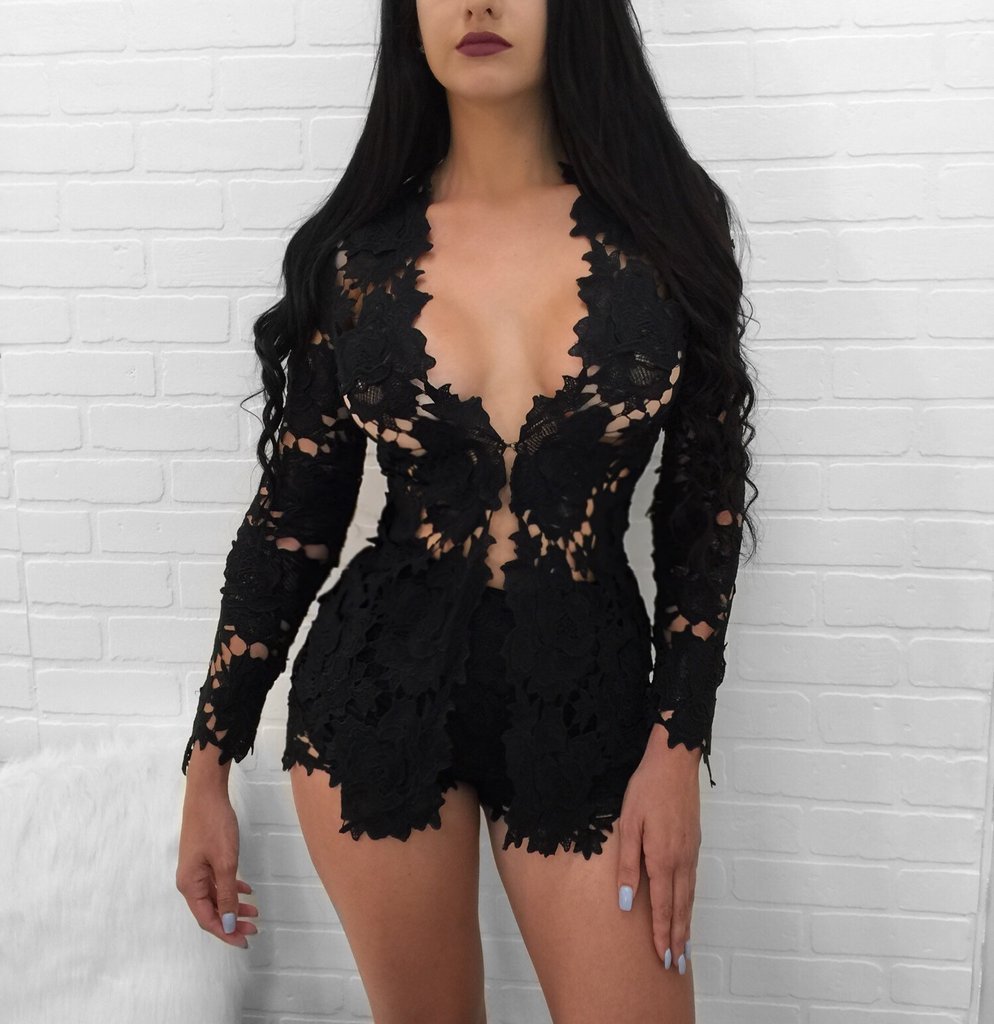 Lace Floral Long Sleeve Open O-Neck Blazer + Matching Mini Shorts Women's 2-Piece Suit