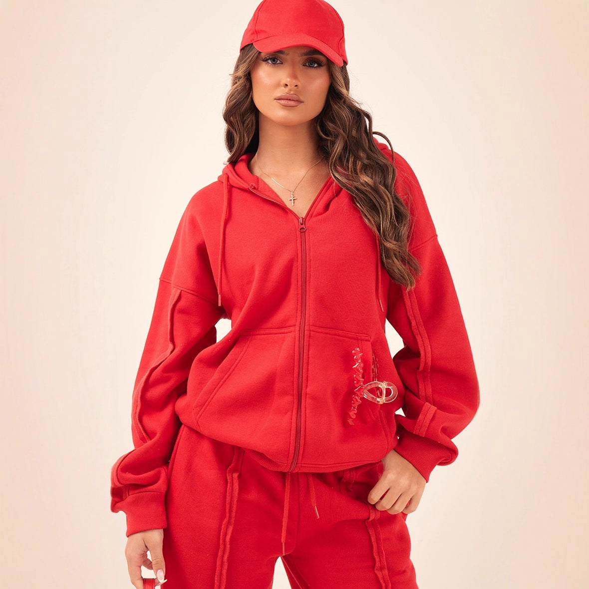 Casual Solid Color Women's Zipper Hoodie Jacket +  Drawstring Pleated Sweatpants Tracksuit