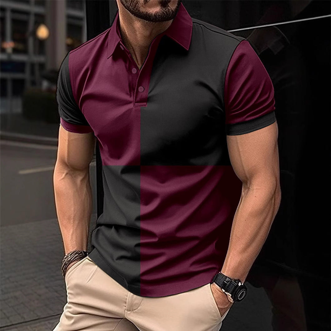 Colorblock Checker Print Turn-Down Collar Button-Up Polo Shirt