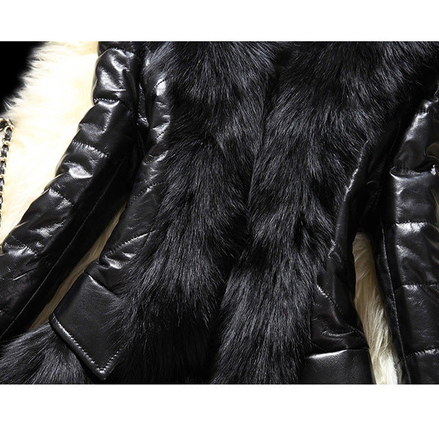 Black Shiny PU Leather Faux Fur Collar Women's Jacket