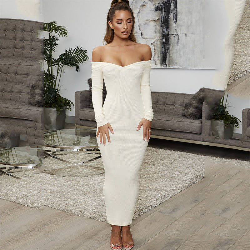 Ribbed Long Sleeve Solid Color Off-the-Shoulder V-Neck Maxi Dress