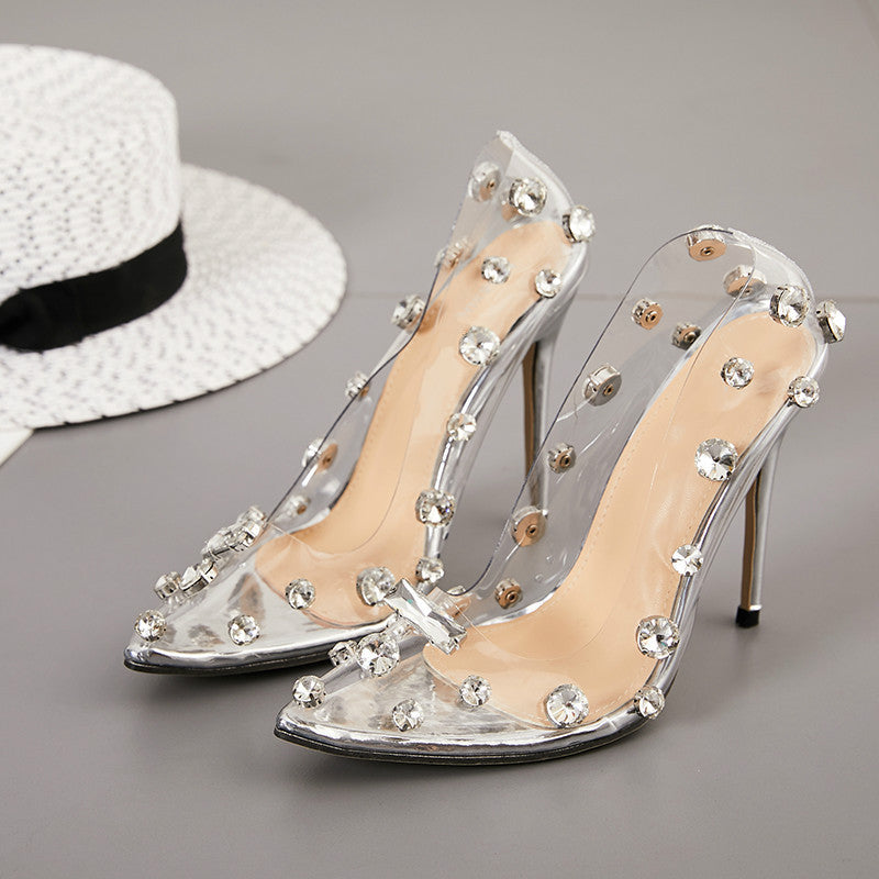 Rhinestone Embellished PVC Clear Transparent High Heel Open Toe Pumps