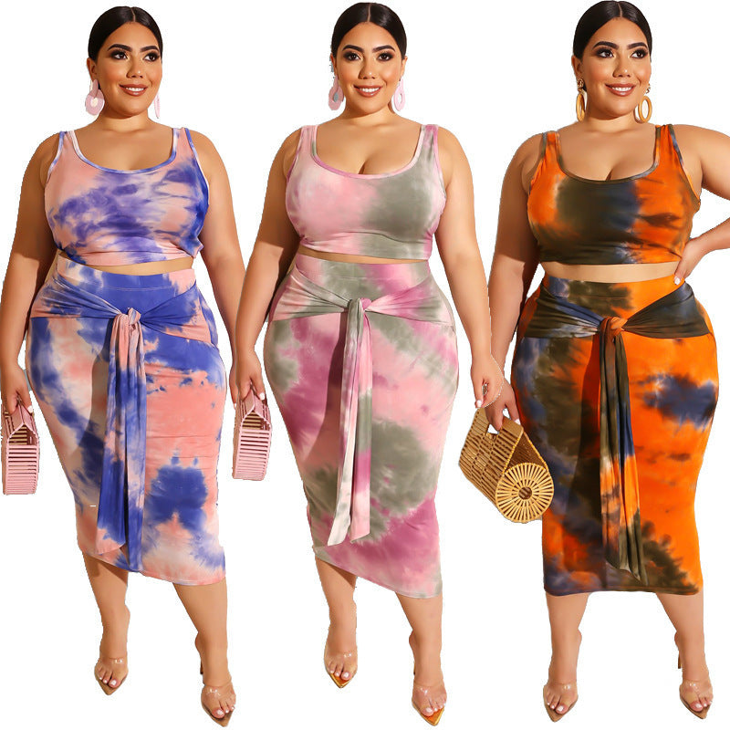 Tie-Dye Print Women's Sleeveless Crop Tank Top + Lace-Up Skirt 2-Piece Set to 5X Plus Size