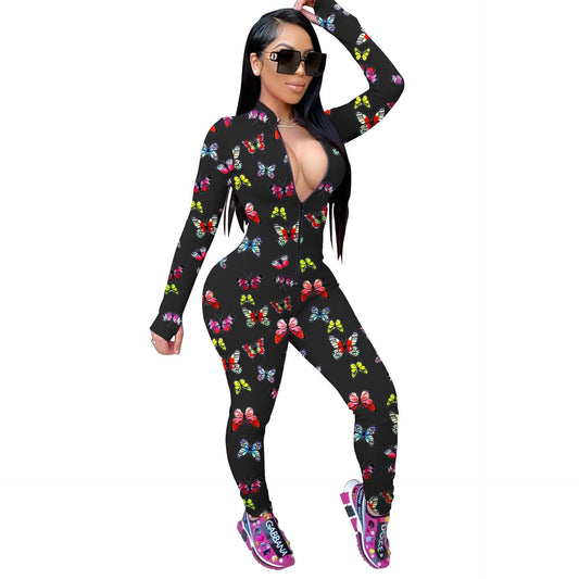Butterfly Print Long Sleeve Women's Skin Tight Onesie Jumpsuit