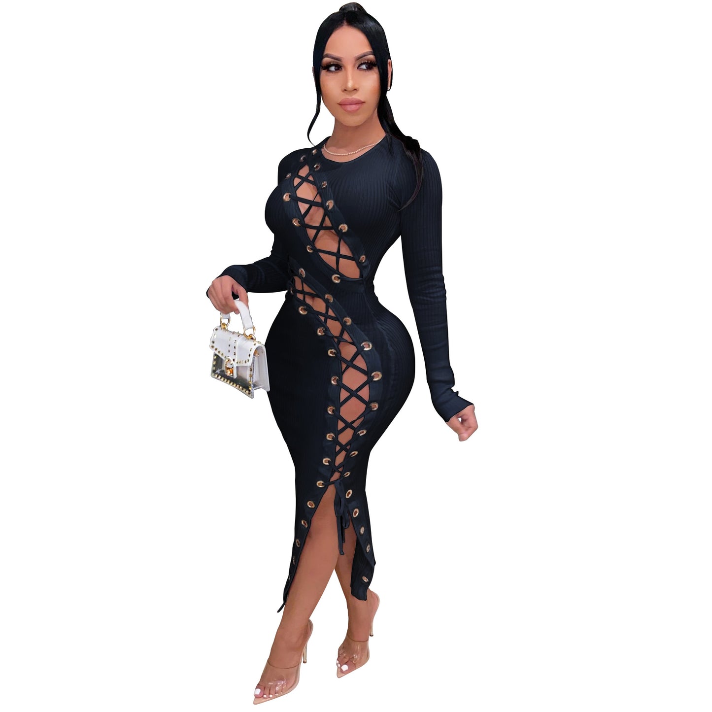 Colorblock/Solid Color Lace-Up Pattern Long Sleeve Skin Tight Hollow-Out Bodycon Dress