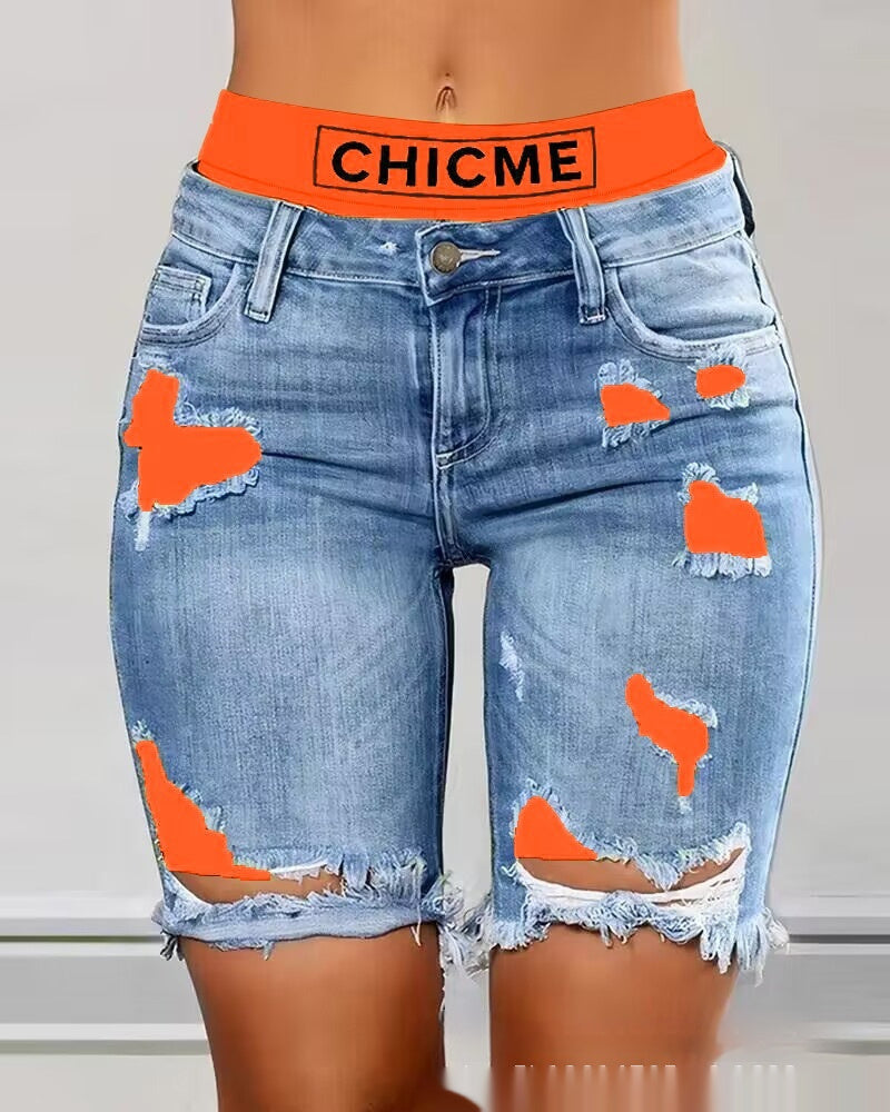 2-in-1 Colorblock Patchwork Ripped Women's Shorts