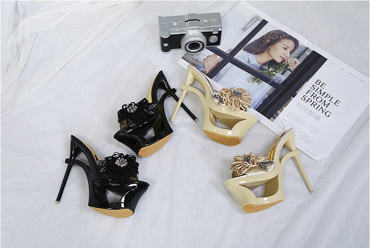 Metallic Rhinestone Flower Design Open Toe Stiletto Heel Fishmouth Sandal Pumps