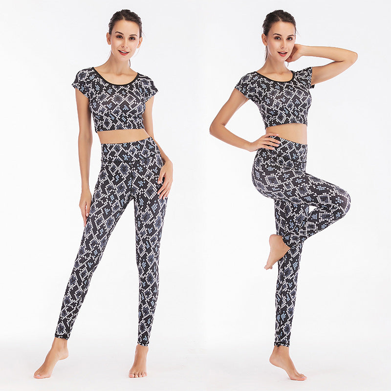 Snakeskin/Camoflauge/Leopard/Geometric Print Short Sleeve Fitness O-Neck Crop Top + Skinny Workout Leggings Women's 2-Piece Set