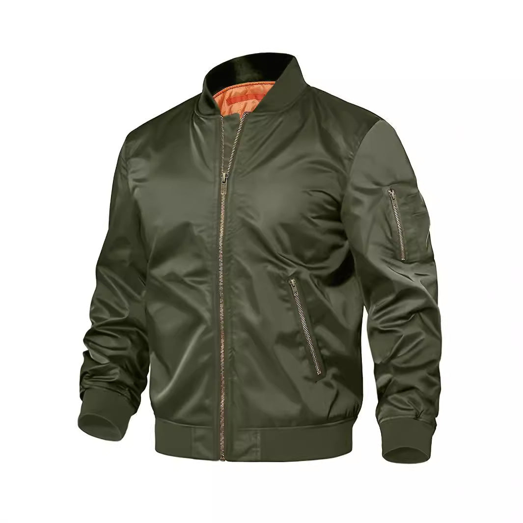 Men's Solid Color Military Baseball Multi-Pocket Zipper Cargo Bomber Jacket