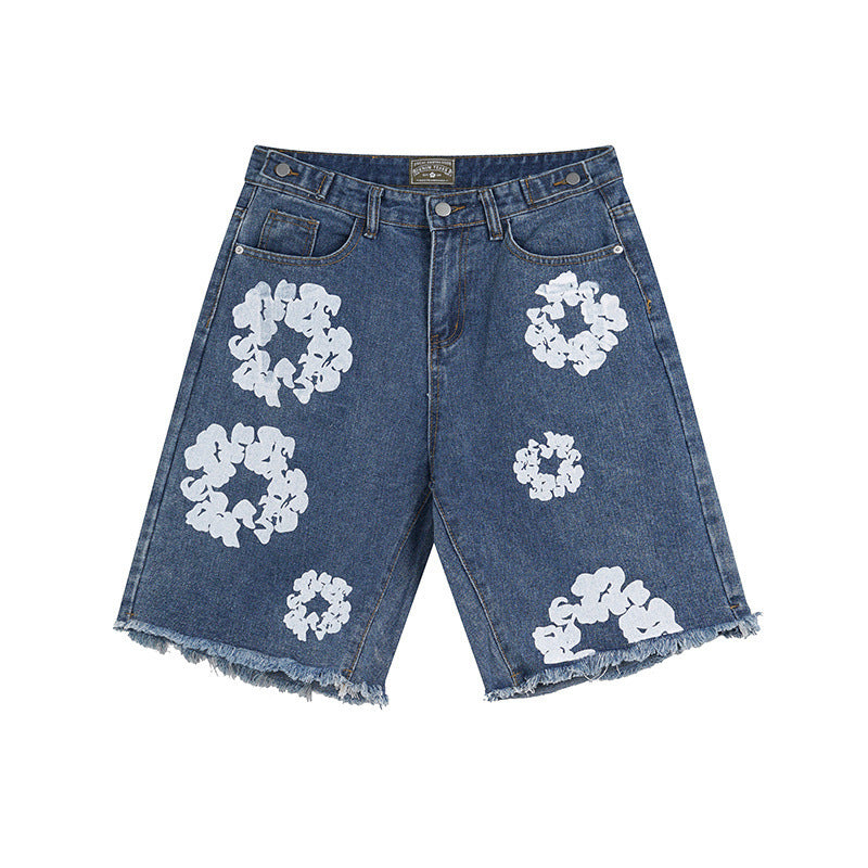 Men's Denim Big White Flower Print Jean Shorts