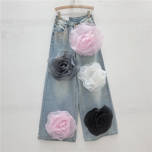 Embroidered Rose Flower Crystal Tassel Design High Waist Women's Jeans