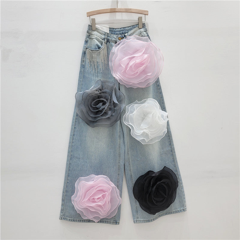 Embroidered Rose Flower Crystal Tassel Design High Waist Women's Jeans