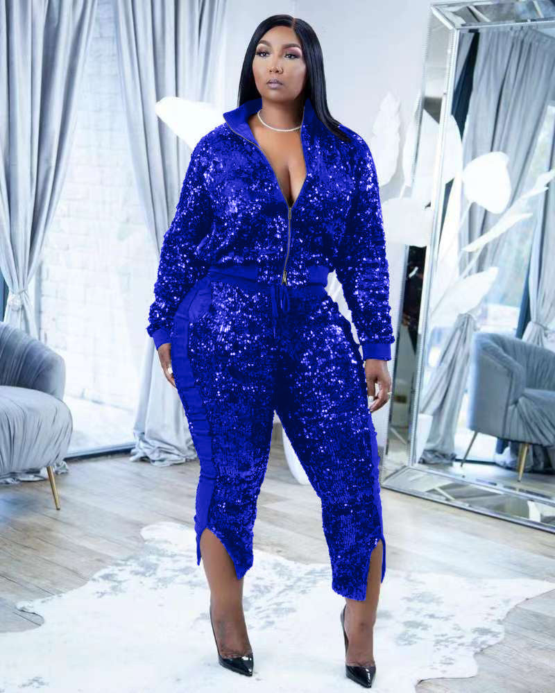 Sparkling Sequin Glitter Women's Zipper Jacket + Split Leg Pants Tracksuit to 3X Plus Size