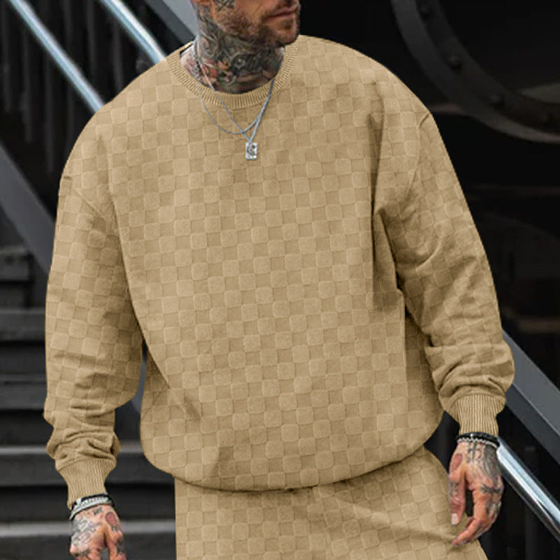 Men's Jacquard Checker Plaid Print Knitted Long Sleeve T-Shirt