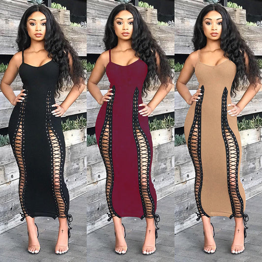 Sleeveless Hollow-Out V-Neck Lace-Up Spaghetti Strap Skinny Maxi Dress