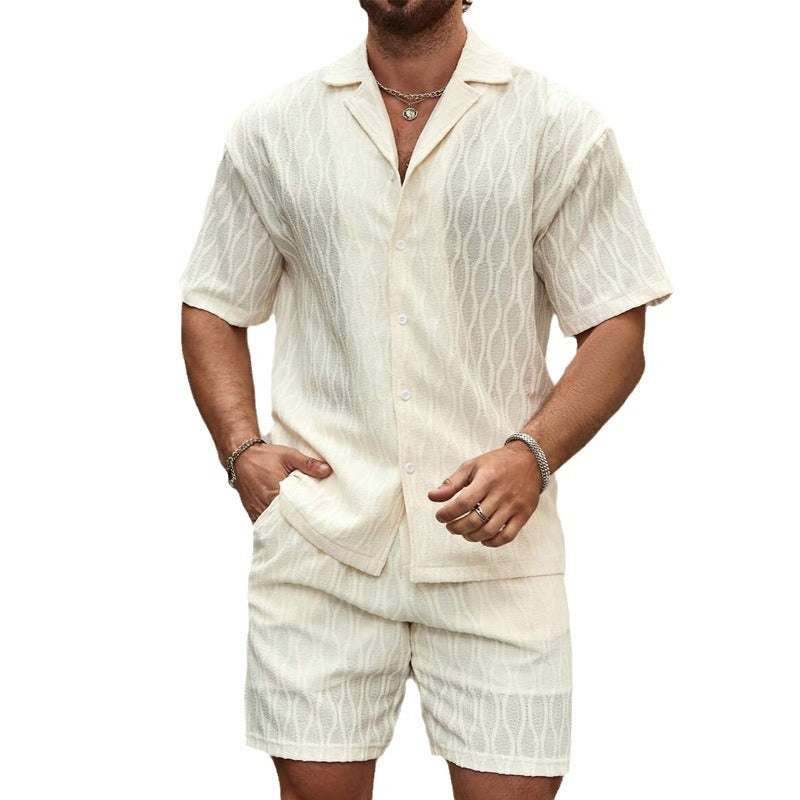 Men's Turn-Down Collar Short Sleeve Solid Color Shirt + Matching Shorts Two-Piece Set