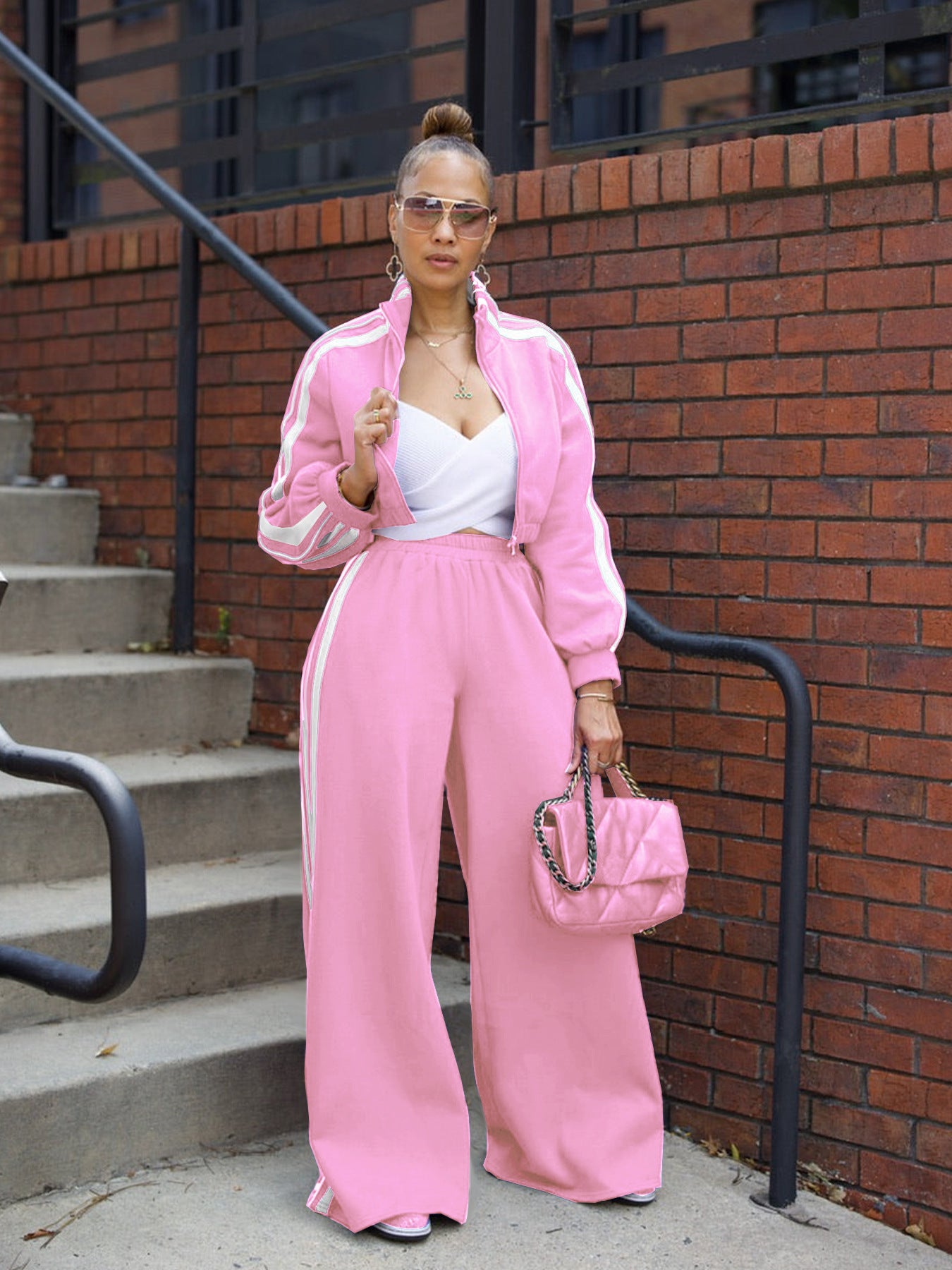 Side Striped Women's Sweat Jacket + Wide Leg Sweatpants Tracksuit