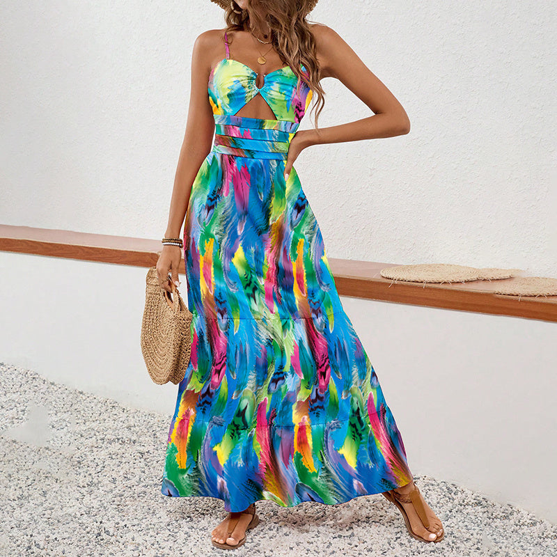 Tiered Flower Print Multi-Colored Hollow-Out Sleeveless Bohemian Spaghetti Strap Maxi Sundress