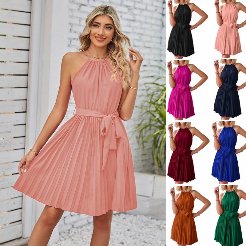 Pleated Chiffon Sleeveless Halter Neck Solid Color Sash Belted Formal Midi Dress