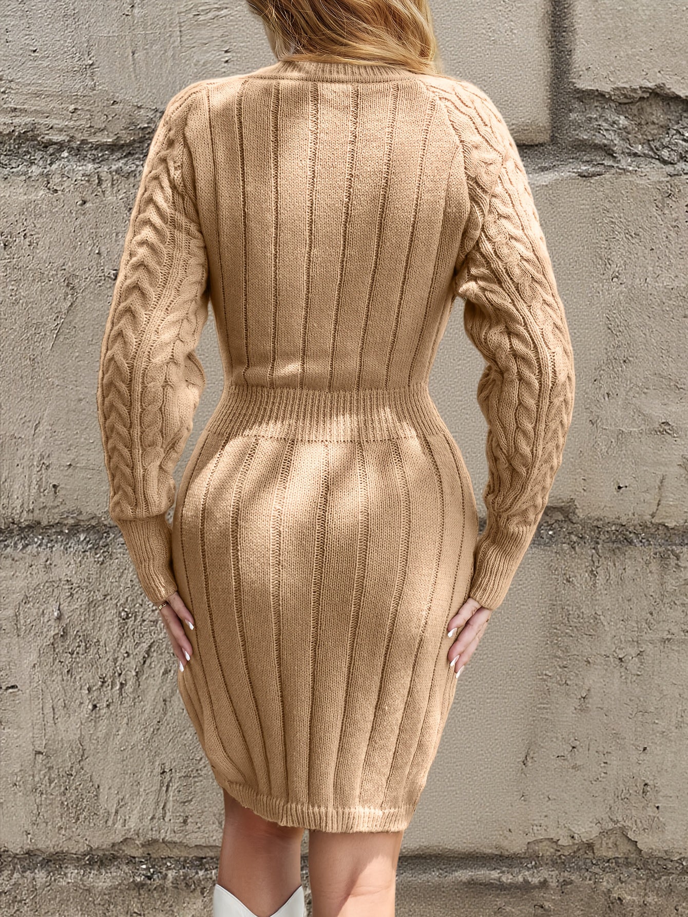 Textured Knitted O-Neck Long Sleeve Solid Color Mini Sweater Dress