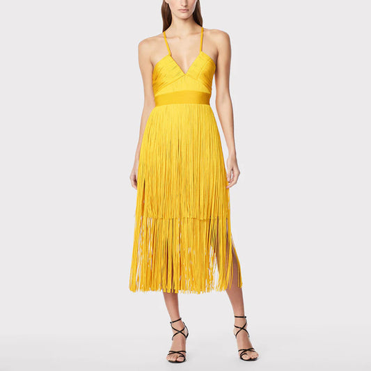 Yellow Long Tassel Design V-Neck Sleeveless Spaghetti Strap Formal Dress