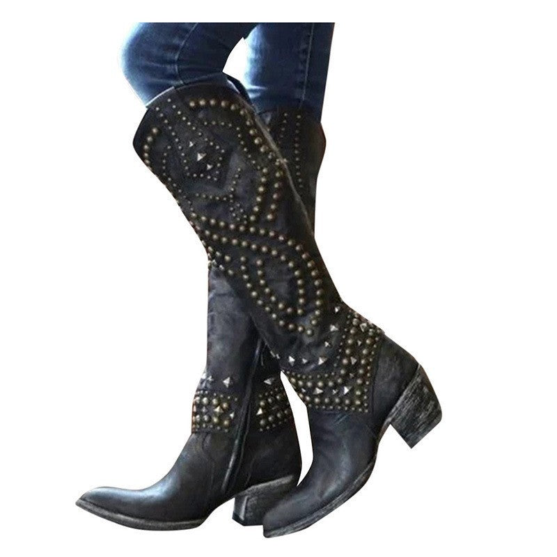 Western Rivet Stud Design Women's Chunky Heel Knee-High Cowgirl Boots