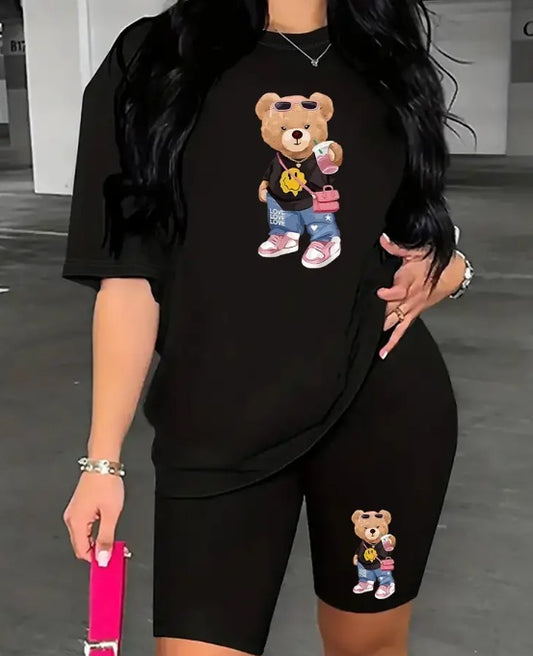 Teddy Bear w/ Pink Jordan's Printed Drop Shoulder Graphic T-Shirt + Biker Shorts 2-Piece Set