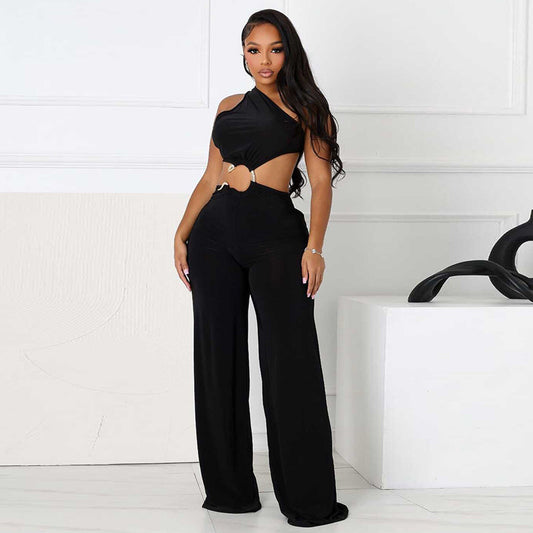 Asymmetrical One Shoulder Pleated Ring Design Hollow-Out Solid Color Sleeveless Lace-Up Jumpsuit