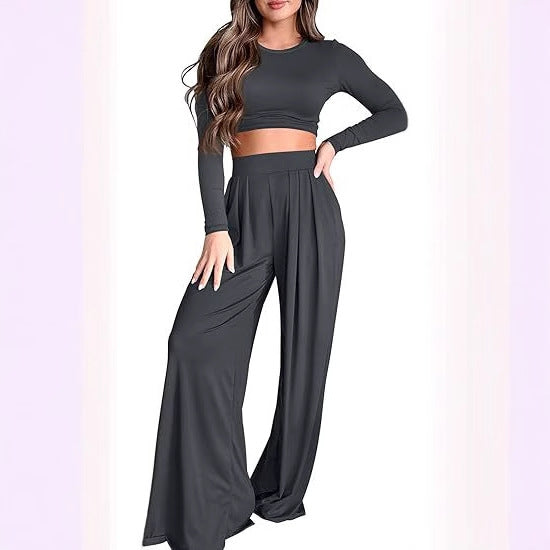 Casual Long Sleeve Crop Top+ Wide Leg Loose Pants Women's 2-Piece Set