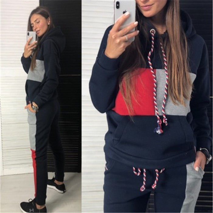 Colorblock Drawstring Pullover Women's Hoodie Sweatshirt+ Skinny Jogger Sweatpants Tracksuit