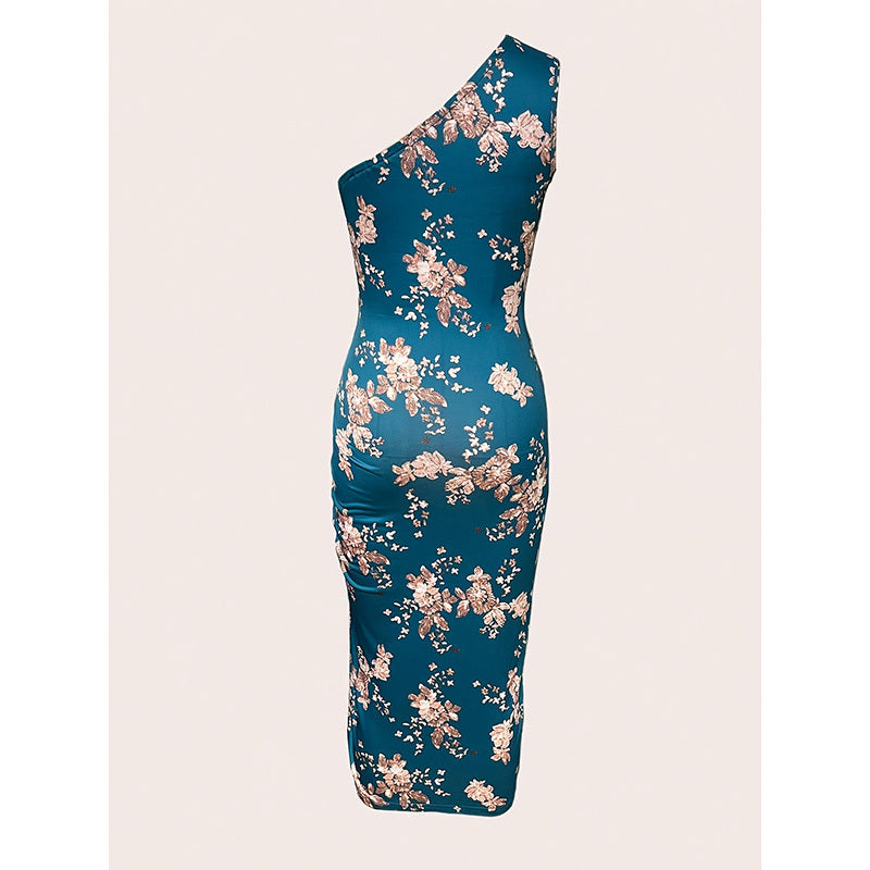Ruched Floral Print One Shoulder Bodycon High Slit Maxi Dress