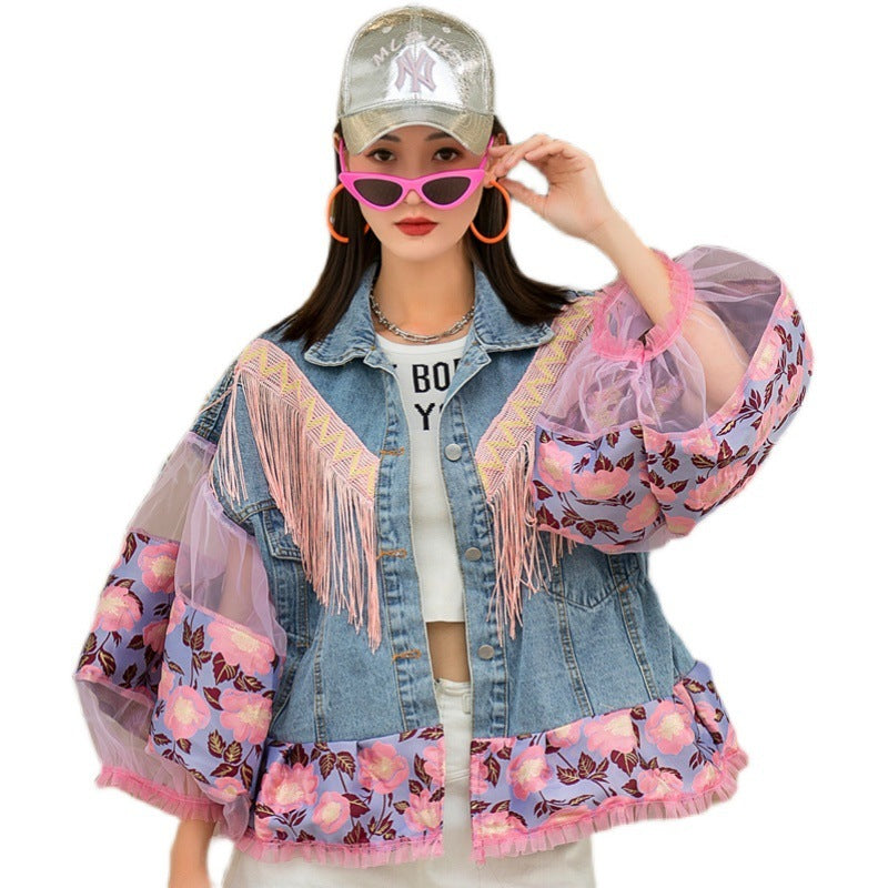 Rhinestone Denim Floral Tassel Fringe Design Lantern Bubble Sleeve Spliced Women's Jean Jacket