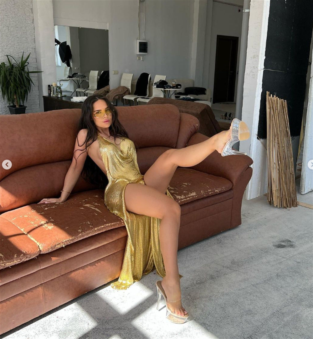 Gold Metallic Sequin Sparkling Halter Spaghetti Strap Backless Double High Slit Formal Maxi Dress