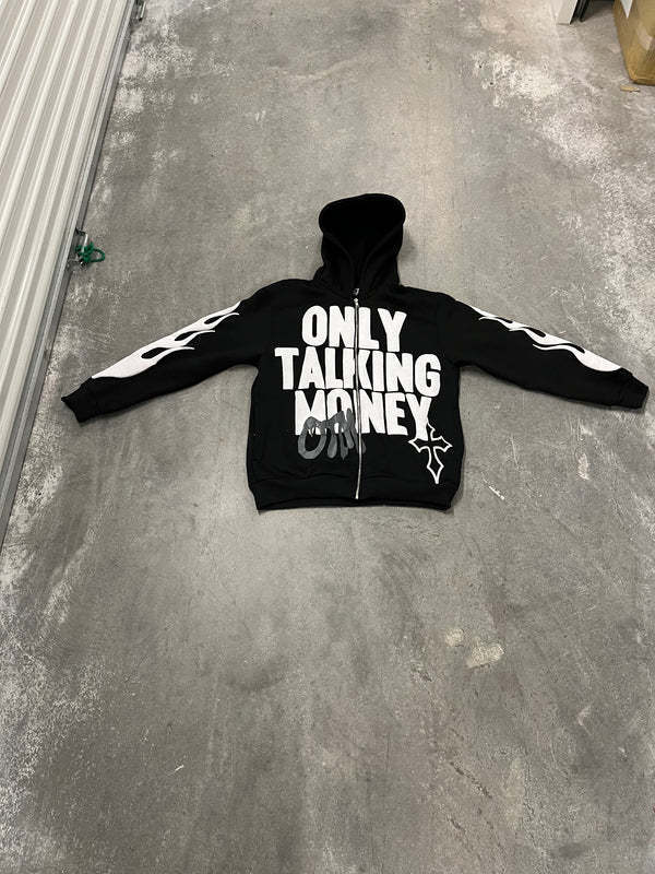 Men's "ONLY TALKING MONEY" Flame Letter Print Hip-Hop Zipper Hoodie Sweatshirts