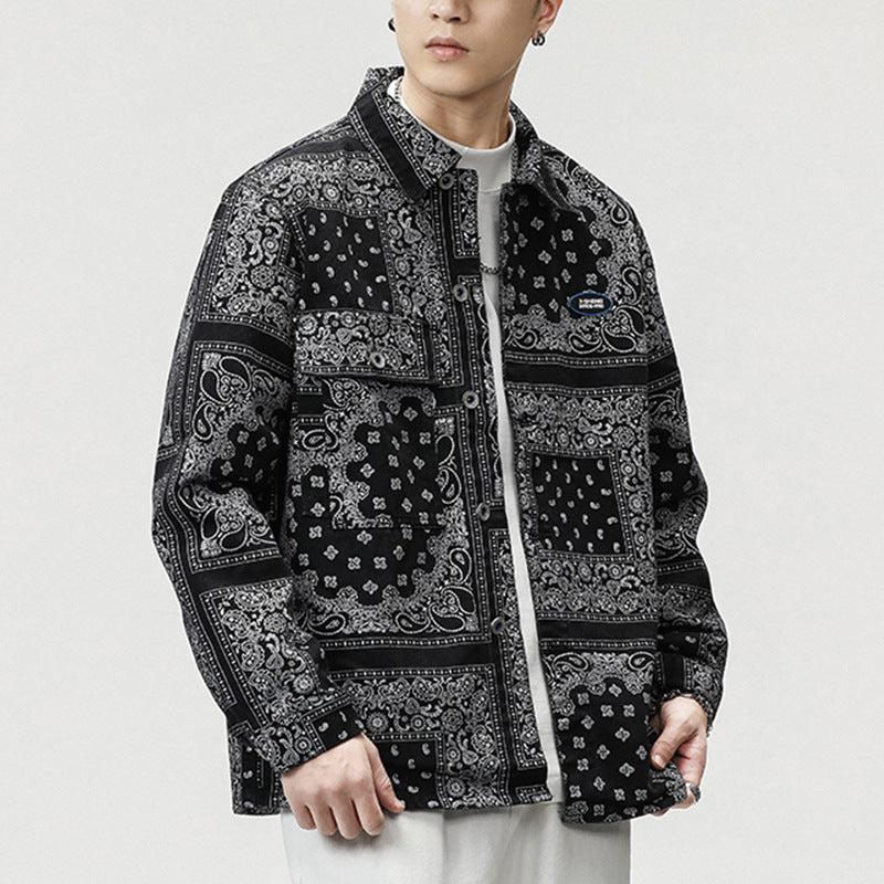 Men's Denim Hip-Hop Paisley Bandana Print Turn-Down Collar Button-Up Jean Jacket