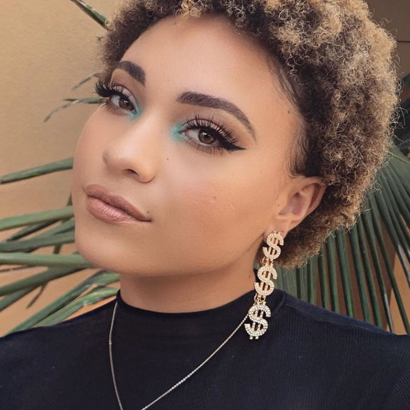 Rhinestone Sparkling Triple Money Sign Symbol Hanging Drop Earrings