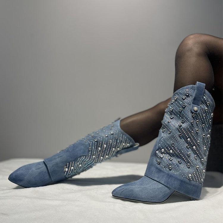 Denim Rhinestone Western Pointed Toe Stiletto Women's Jean Slouch Pipe Boots